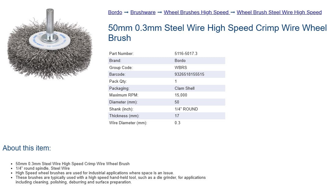 Bordo Steel Wire High Speed Crimp Wire Wheel Brush  50mm 0.3mm x 17mm Thickness 1/4" Round Shank - 10 Packd Shank
