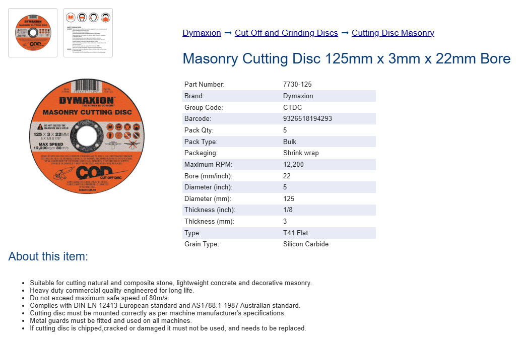 Dymaxion Cutting Disc Masonry 125mm x 3mm x 22mm Bore - Pack of 5