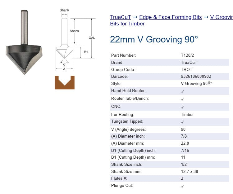 Edge & Face Forming Bit - 22mm V Grooving Router Bit - 1/2" Shank - TruaCuT