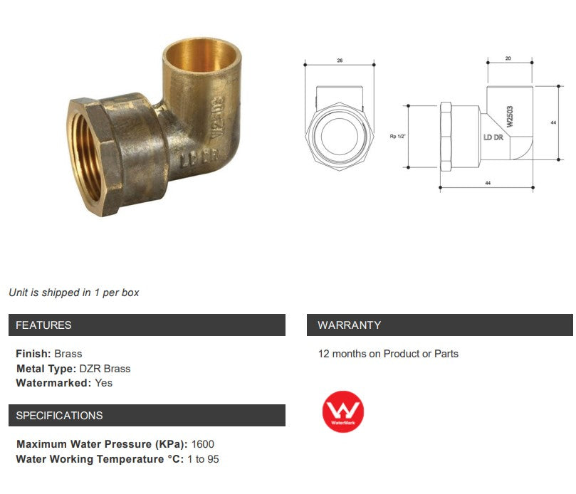 BRASS CAPILLARY ELBOW (NO 14) 20mm OD x 1/2" FEMALE BSP