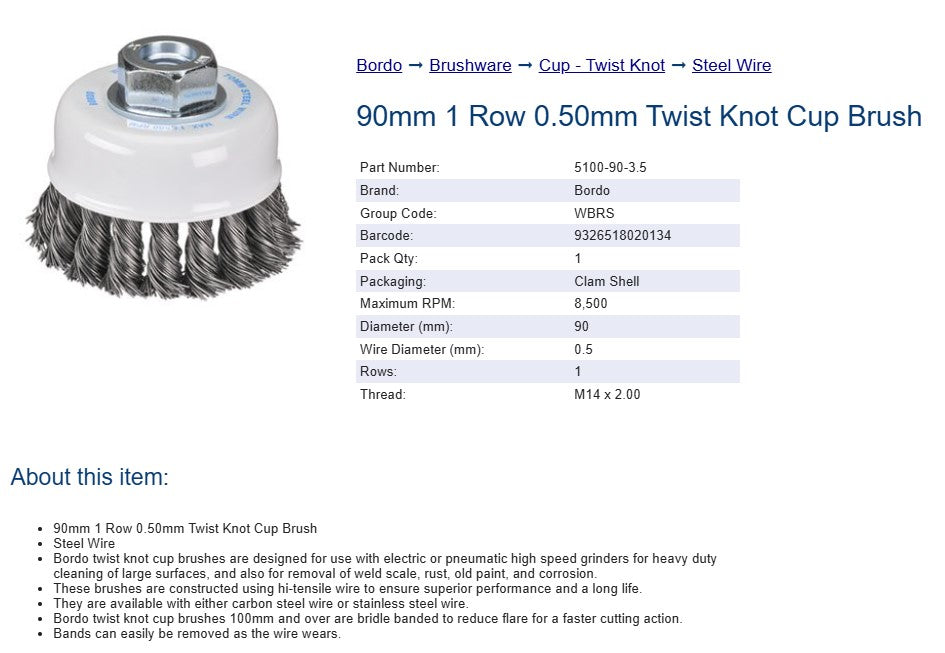 90mm 1 Row 0.50mm Twist Knot Cup Brush - Steel Wire