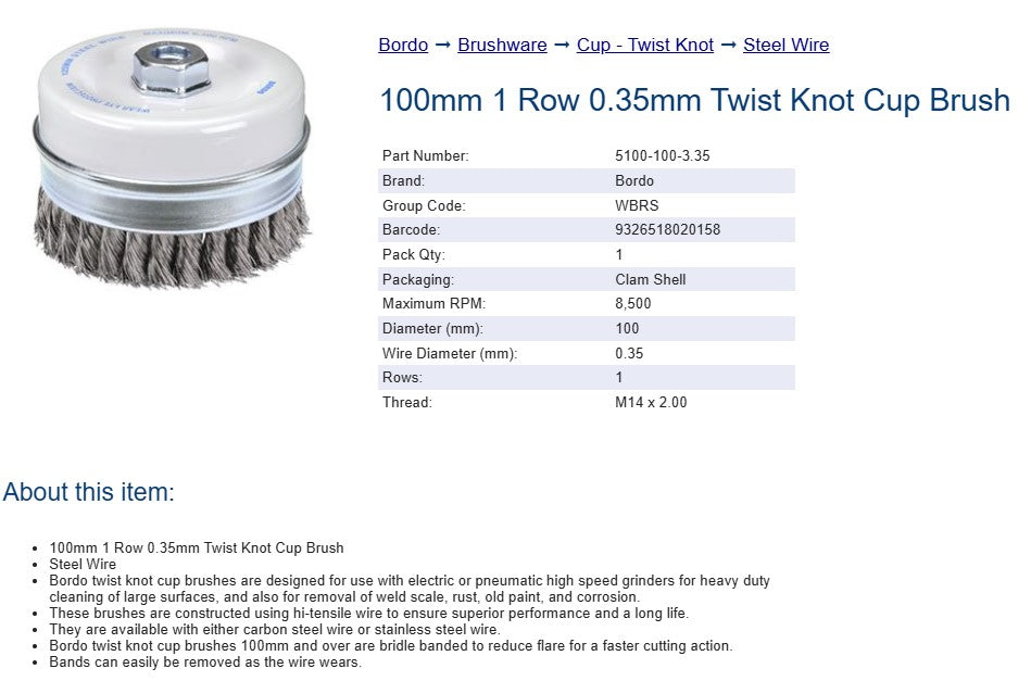 100mm 1 Row 0.35mm Twist Knot Cup Brush - Steel Wire