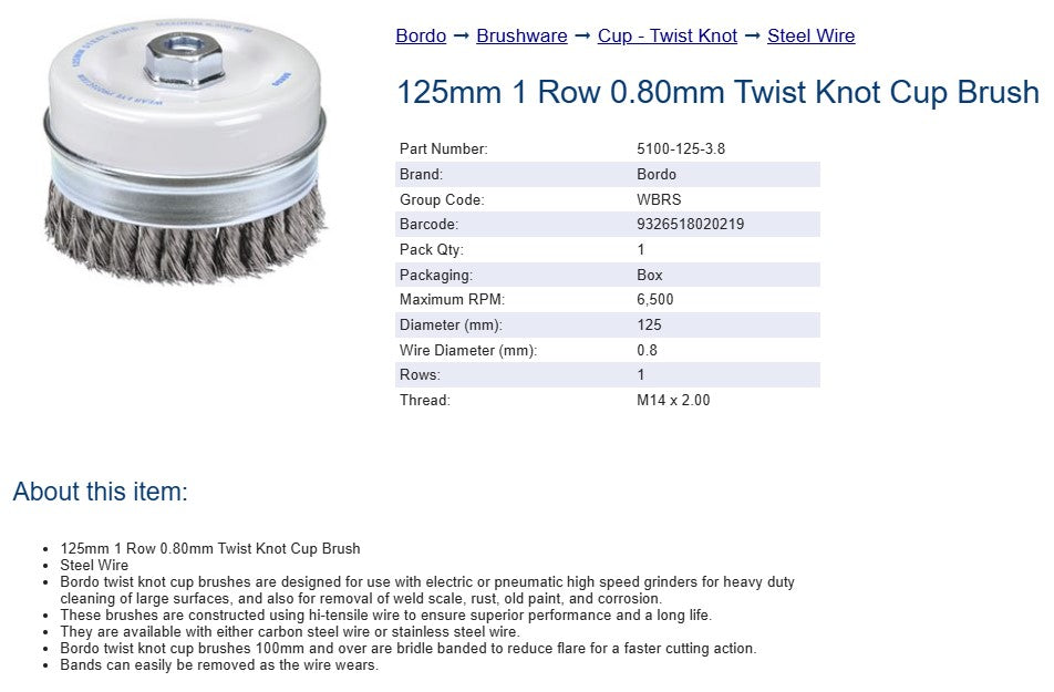 125mm 1 Row 0.80mm Twist Knot Cup Brush - Steel Wire