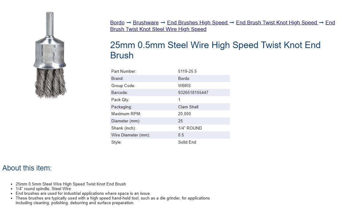 Bordo 25mm 0.50mm High Speed Twist Knot End Brush - Steel Wire - 1/4" Round Shank