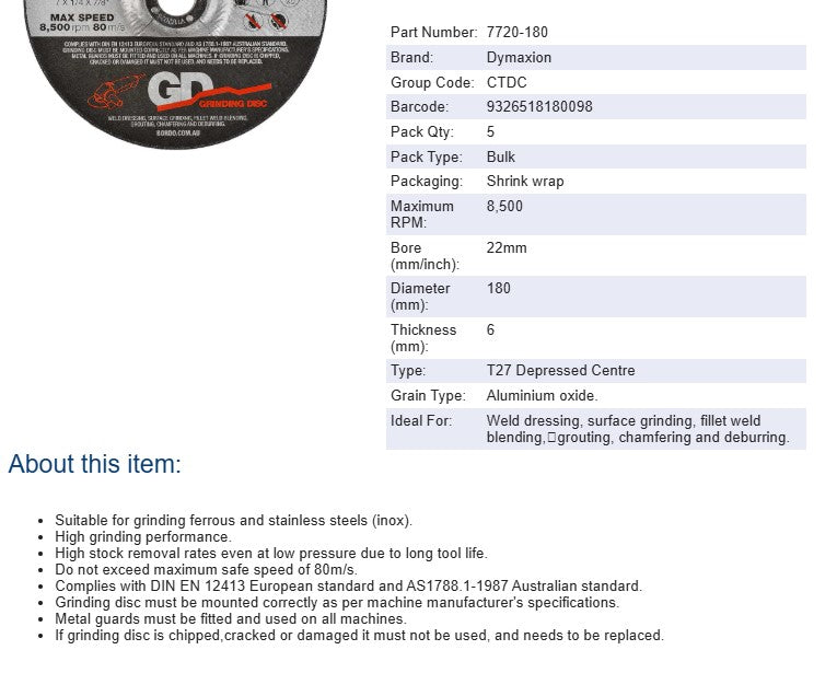 Dymaxion Grinding Disc Metal 180mm x 6mm x 22mm Bore Ferrous & Stainless Steel