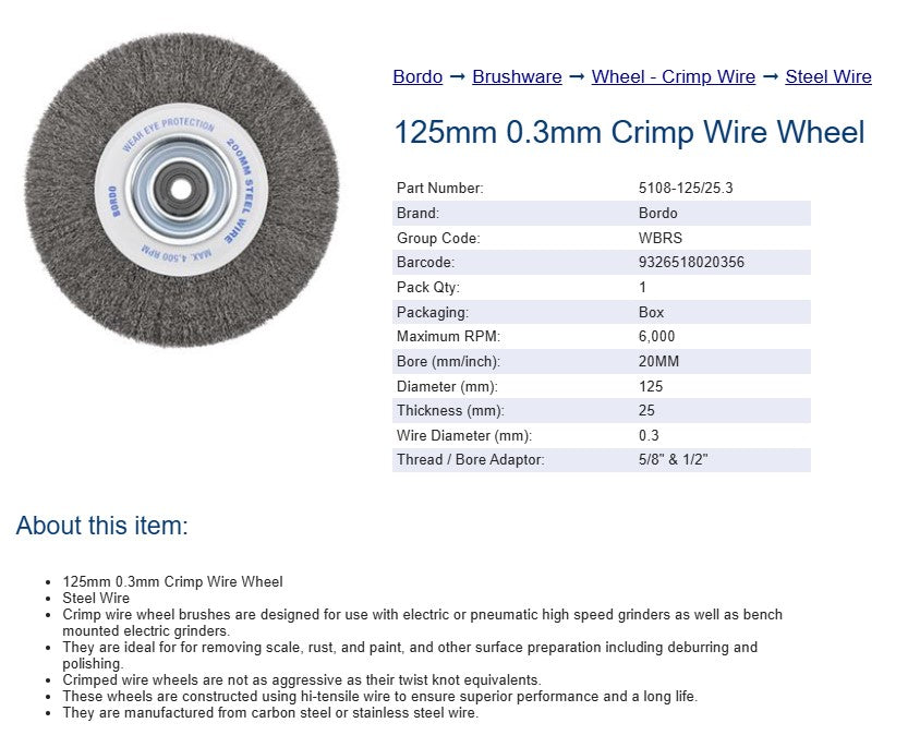 Bordo Crimp Steel Wire Wheel 125mm 0.3mm x 25mm Thickness