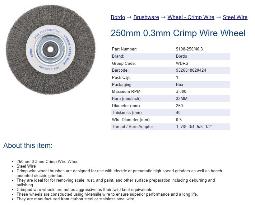 Bordo Crimp Steel Wire Wheel 250mm 0.3mm x 40mm Thickness