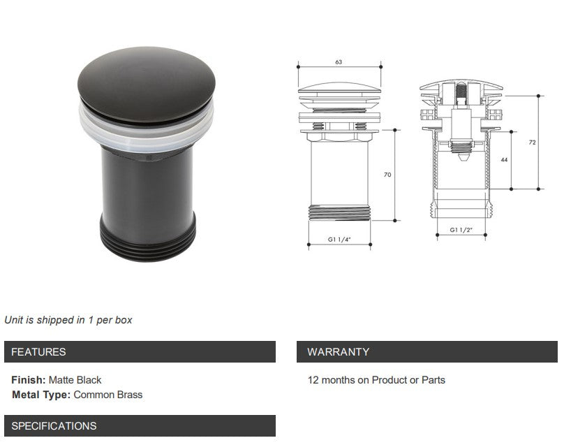 Monopoly Tapware Waste Drain &  Plug Dome Top Pop Up Universal Matte Black 32mm x 40 MI Basin Vanity Bath Chrome Plated