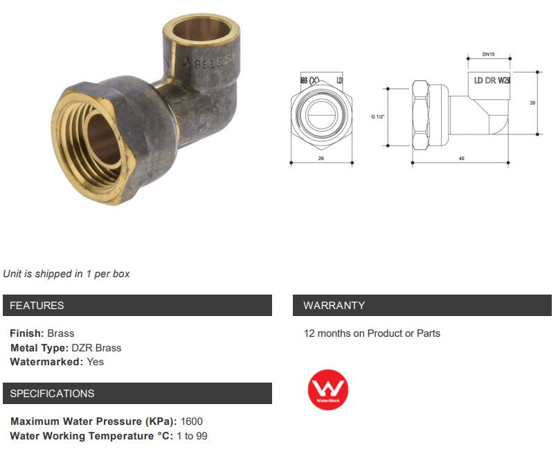 BRASS CAPILLARY CONNECTOR BENT TAP (NO 63) 15mm OD x 1/2" FEMALE BSP