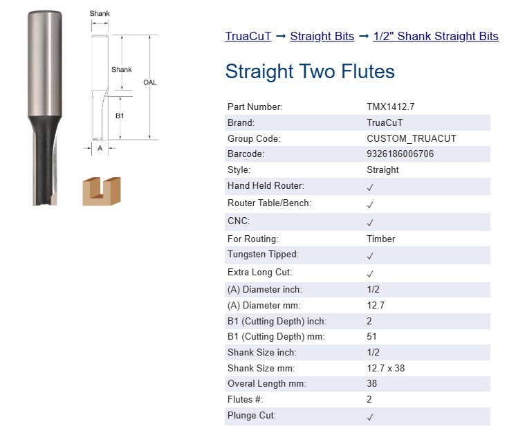 Router Bit - 12.7mm x 50.8mm Straight Bit - Two Flutes - (1/2") 12.7 x 38mm Shank X/L Cut