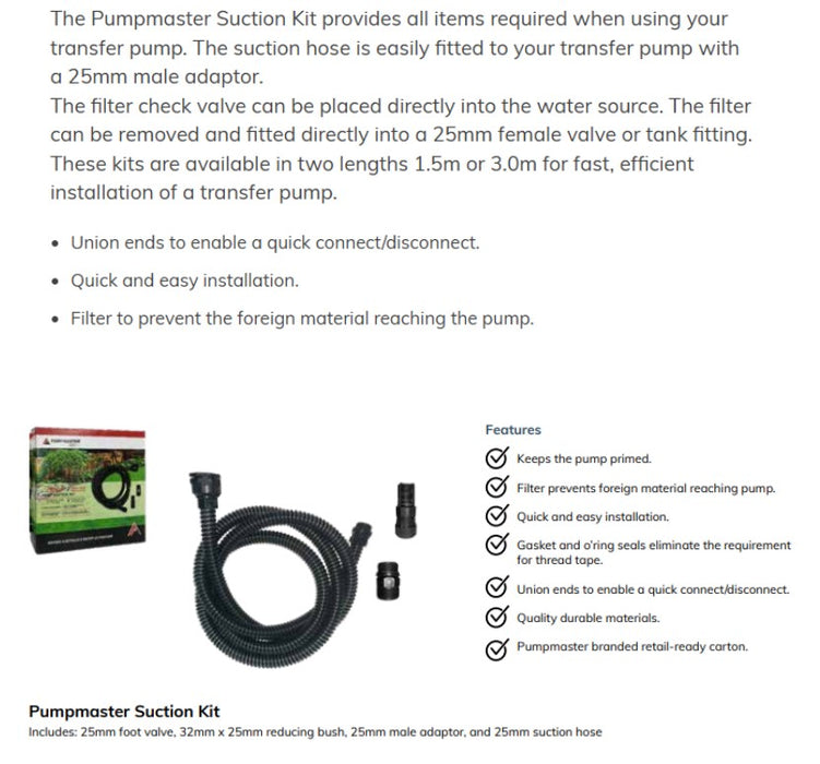 Pumpmaster Water Source to Pump Suction Kit - 25mm x 3m