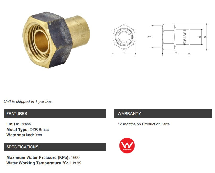 BRASS CAPILLARY CONNECTOR STRAIGHT TAP (NO 62) 20mm OD x 3/4" FEMALE BSP