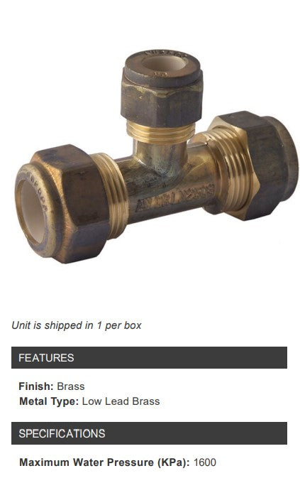 NYLON COMPRESSION BRASS TEE TRIPLE UNION REDUCING 20C x 15C x 20C - 3/4" x 1/2" x 3/4"