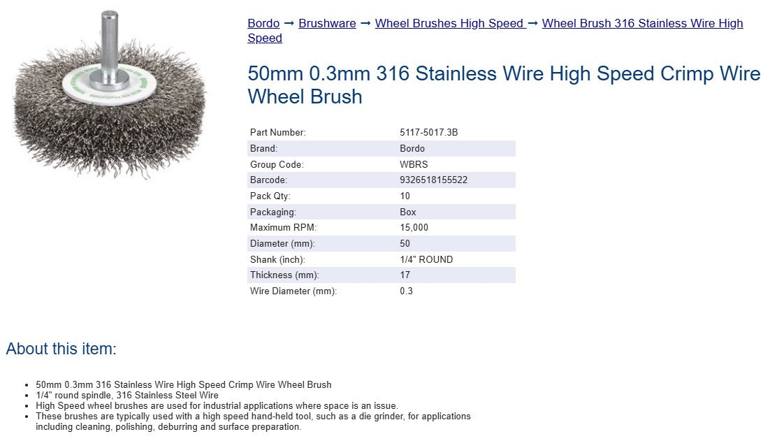 Bordo 316 Stainless Wire  High Speed Crimp Wire Wheel Brush  50mm 0.3mm x 17mm Thickness 1/4" Round Shank - 10 Pack