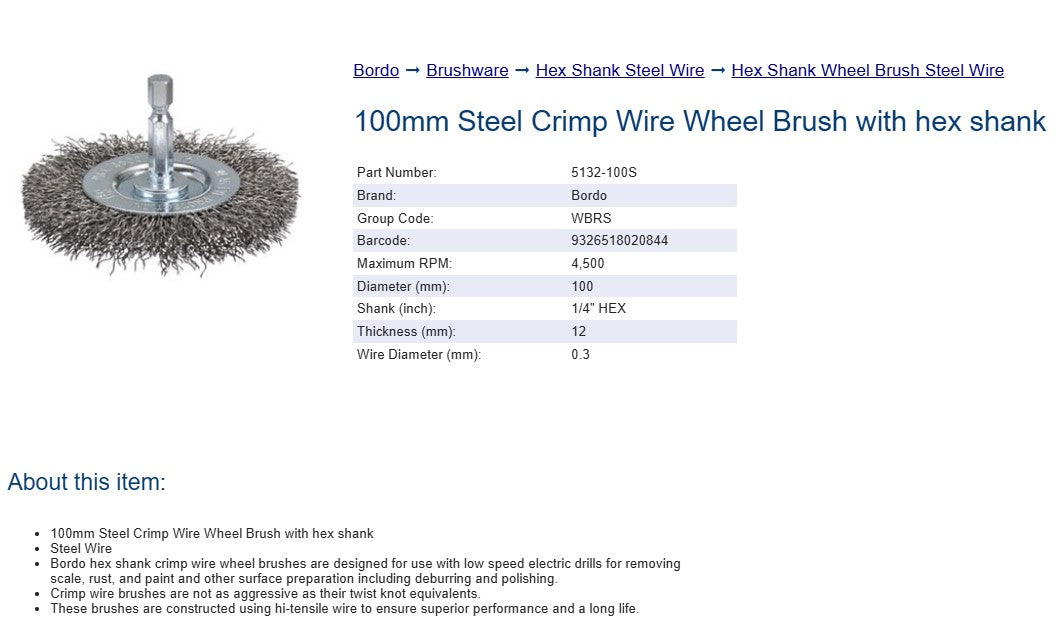 Bordo Wire Wheel Steel Crimp 100mm 0.3 x 12mm Thickness 1/4" Hex Shaft