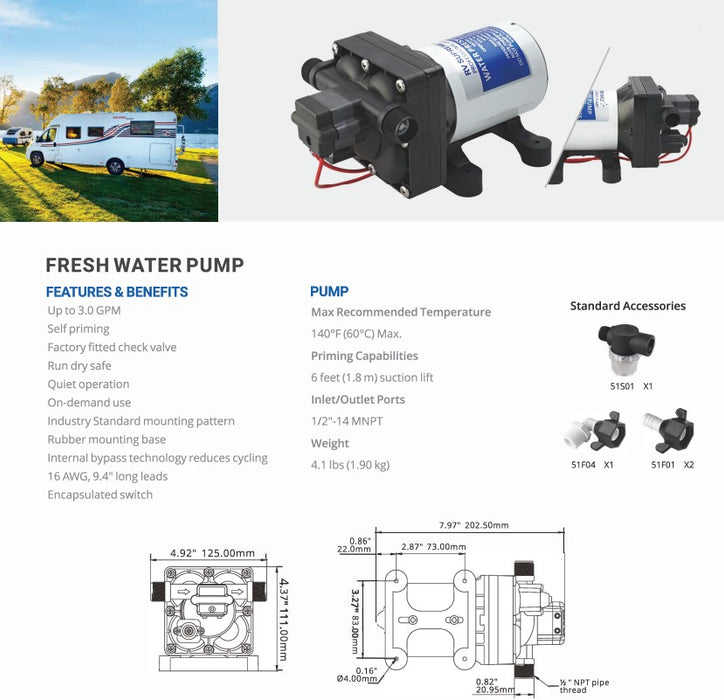 SeaFlo 12 Volt 42 Series DC Diaphragm Pump 3.0-11.3LPM 17-60 PSI 6.0 Amp Boat Marine