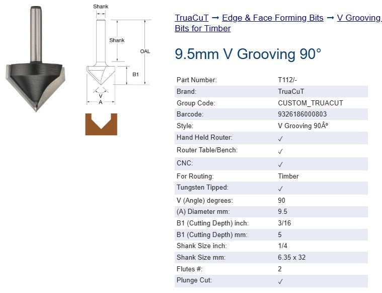 Edge & Face Forming Bit - 9.5mm V Grooving Router Bit - TruaCuT