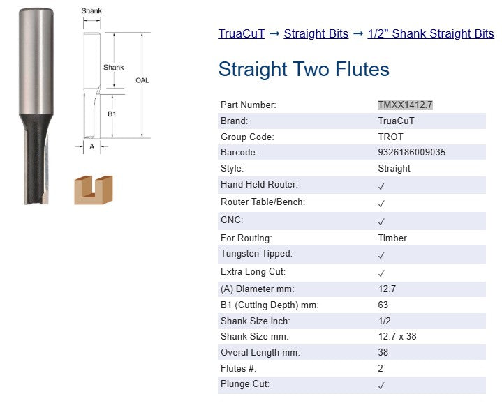 Router Bit - 12.7mm x 63.0mm Straight Bit - Two Flutes - (1/2") 12.7 x 38mm Shank X/L Cut