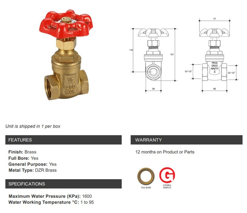 Gate Valve Brass General Purpose 1 1/2" BSP  Female Female Red Handle