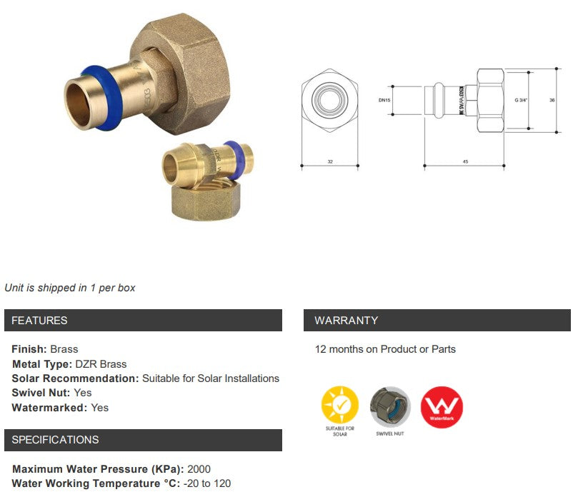 BRASS WATER FITTINGS SWIVEL NUT REDUCING FEMALE ADAPTOR DN15 x 3/4" BSP CONICAL SEAT