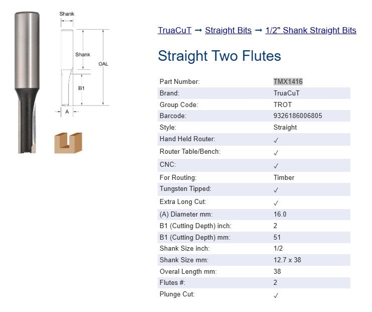 Router Bit - 16.0mm x 50.8mm Straight Bit - Two Flutes - (1/2") 12.7 x 38mm Shank X/L Cut