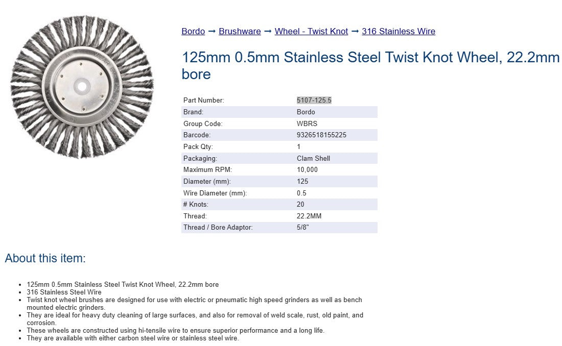 Bordo 125mm 0.5 Stainless Steel Twist Knot Wheel 22.2mm Bore