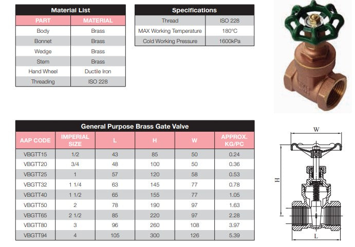 Gate Valve Brass General Purpose 1/2" BSP Female Female Green Handle