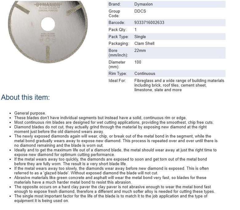 Dymaxion Diamond Blade Electroplated Continuous Rim for Fibreglass 100mm x 22mm Bore