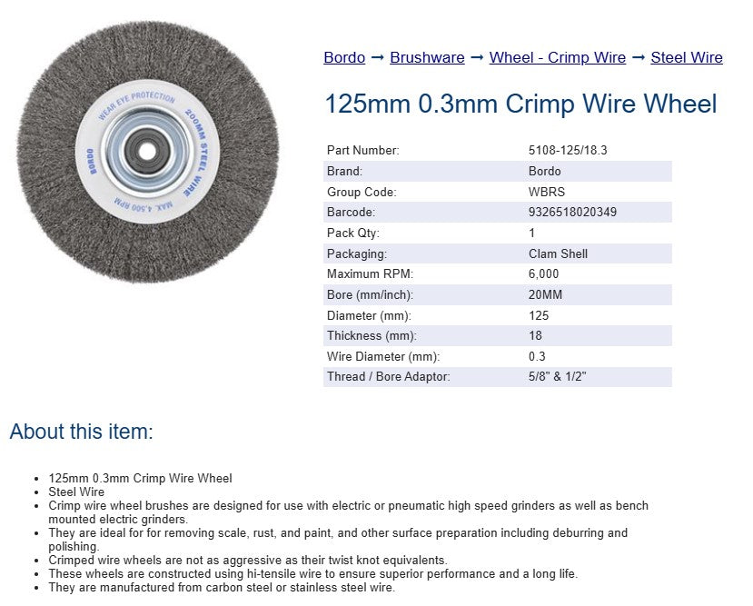 Bordo Crimp Steel Wire Wheel 125mm 0.3mm x 18mm Thickness