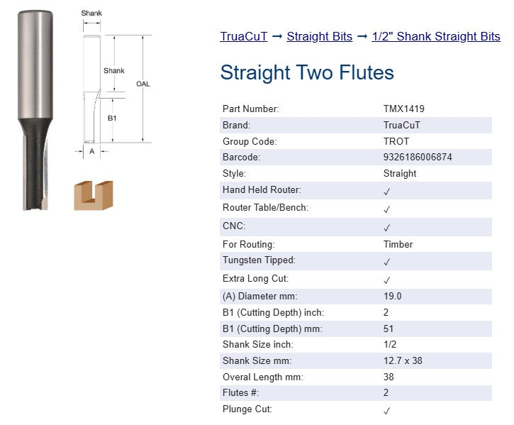 Router Bit - 19.0mm x 50.8mm Straight Bit - Two Flutes - (1/2") 12.7 x 38mm Shank X/L Cut