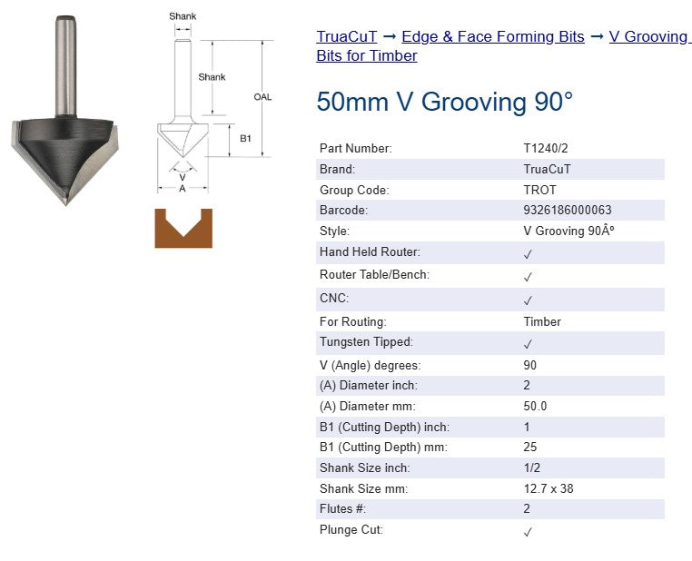 Edge & Face Forming Bit - 50mm V Grooving Router Bit - TruaCuT