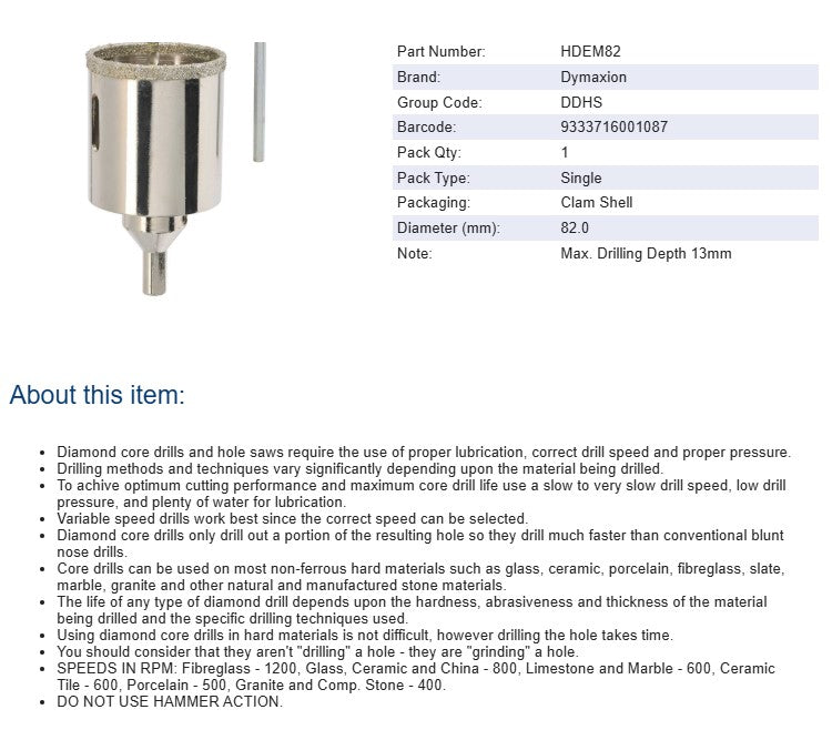 Dymaxion Diamond Electroplated Hole Saw 82 mm Diameter