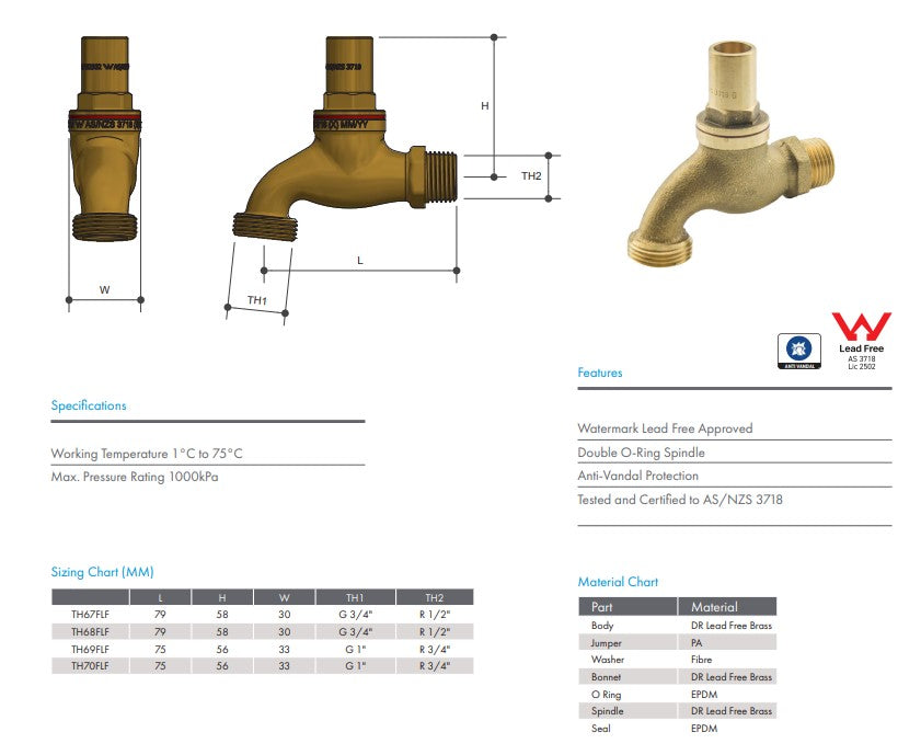 1/2" Hose Tap Vandal Proof Brass Flat Watermarked