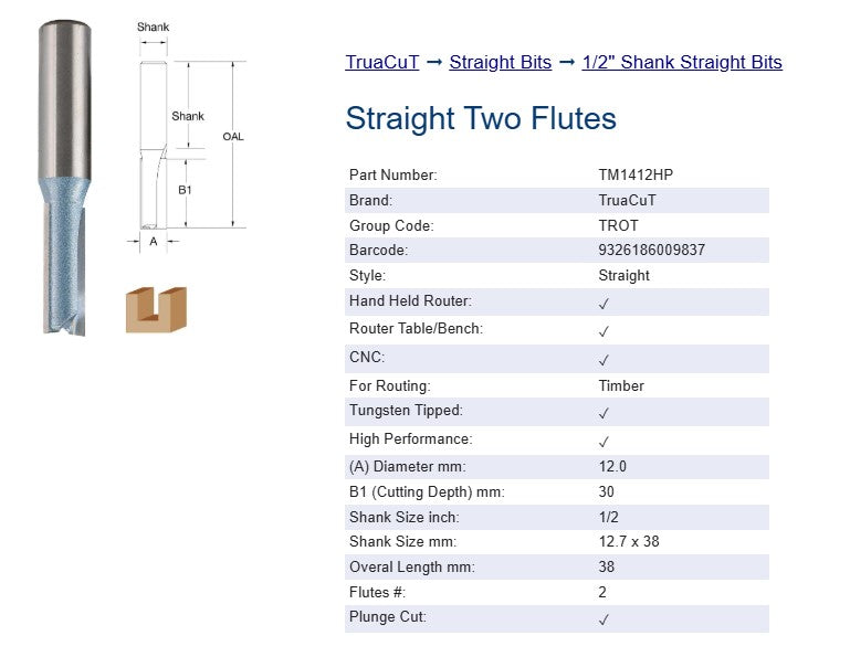 TruaCut Router Bit - 12.0mm x 30.0mm Straight Bit - Two Flutes - (1/2") 12.7 x 38mm Shank HIGH PERFORMANCE