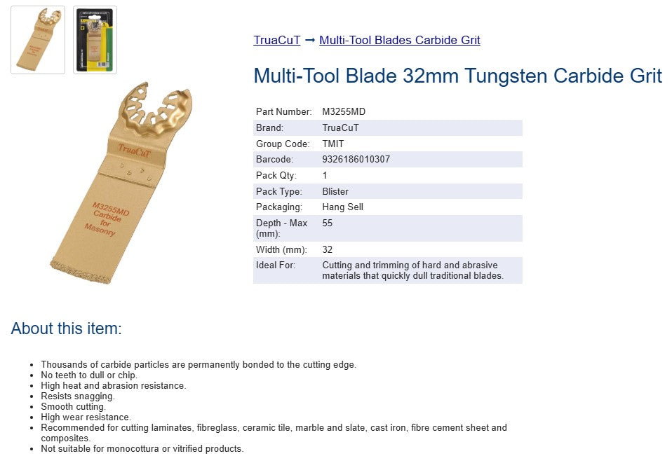 TRUACUT MULTI TOOL BLADE - CARBIDE GRIT - MASONRY - DEEP CUT - 32MM W x 55MM D