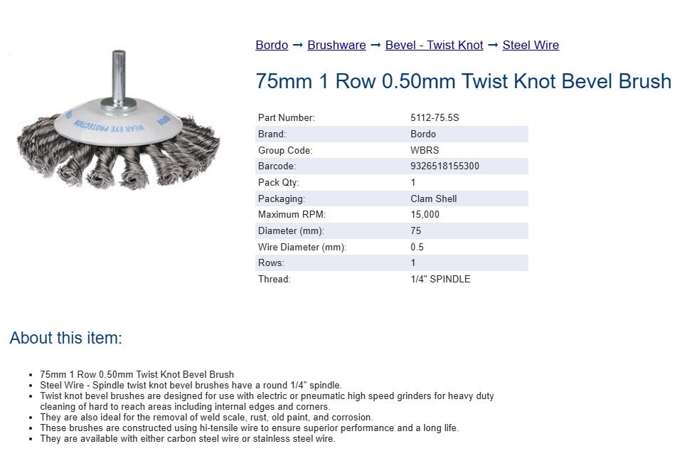 Bordo 75mm 1 Row 0.50mm Twist Knot Bevel Brush Steel Wire