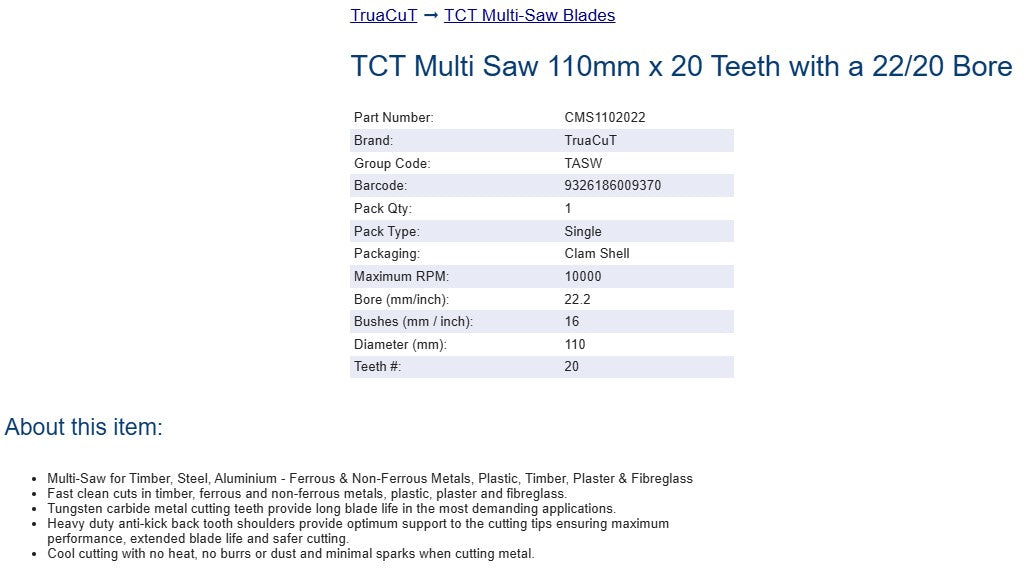 TruaCut Multi Saw 110mm x 20 Teeth with a 22.2/16 Bore - Use with Angle Grinder