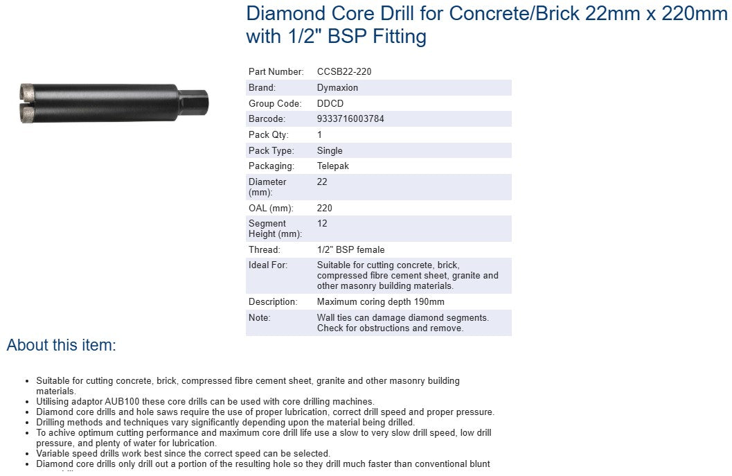 Diamond Core Drill Bit Concrete for Portable Hand Held Drills 22mm Dia x 220mm Length - 1/2" BSP Fittings