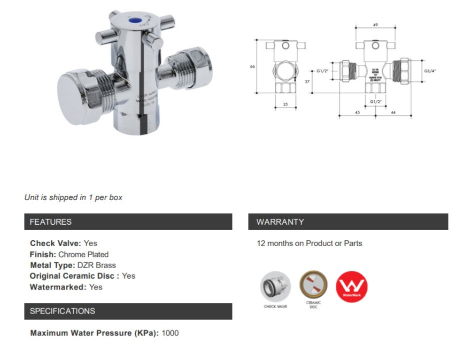 Dual Isolation Stop Capstan 1/4 Turn with Ceramic Disc 15 & 20mm Chrome Plated- Lead Free