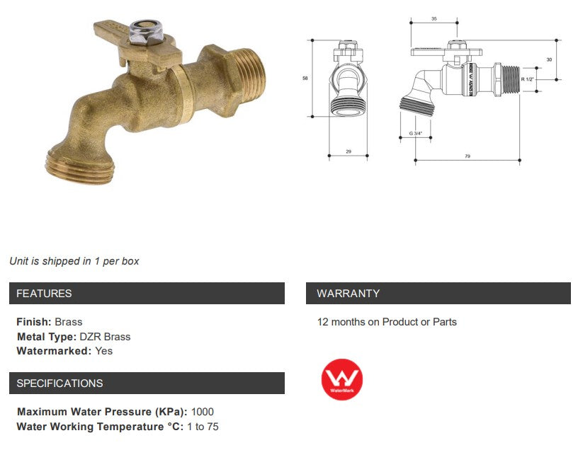 1/2" BSP (15mm) Hose Tap Quarter Turn MI Watermarked Brass Finish