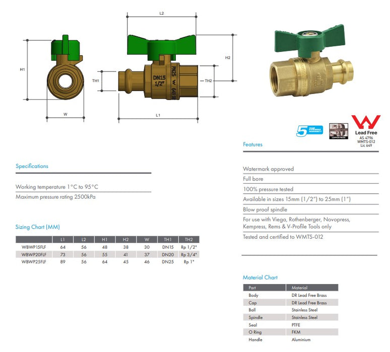 BALL VALVE RECYCLED WATER PRESS FIT DN25 x FI25 WATERMARKED BUTTERFLY HANDLE