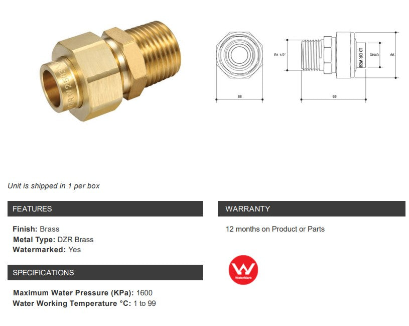 BRASS CAPILLARY BARREL UNION CU x 1 1/2" MALE BSP