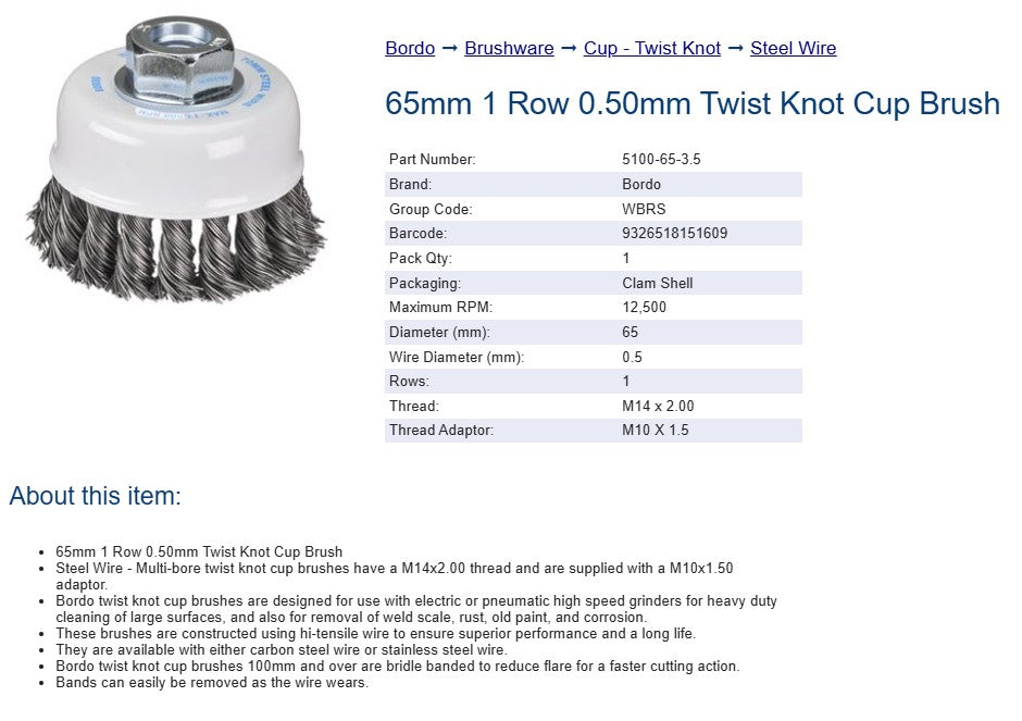 65mm 1 Row 0.50mm Twist Knot Cup Brush - Steel Wire
