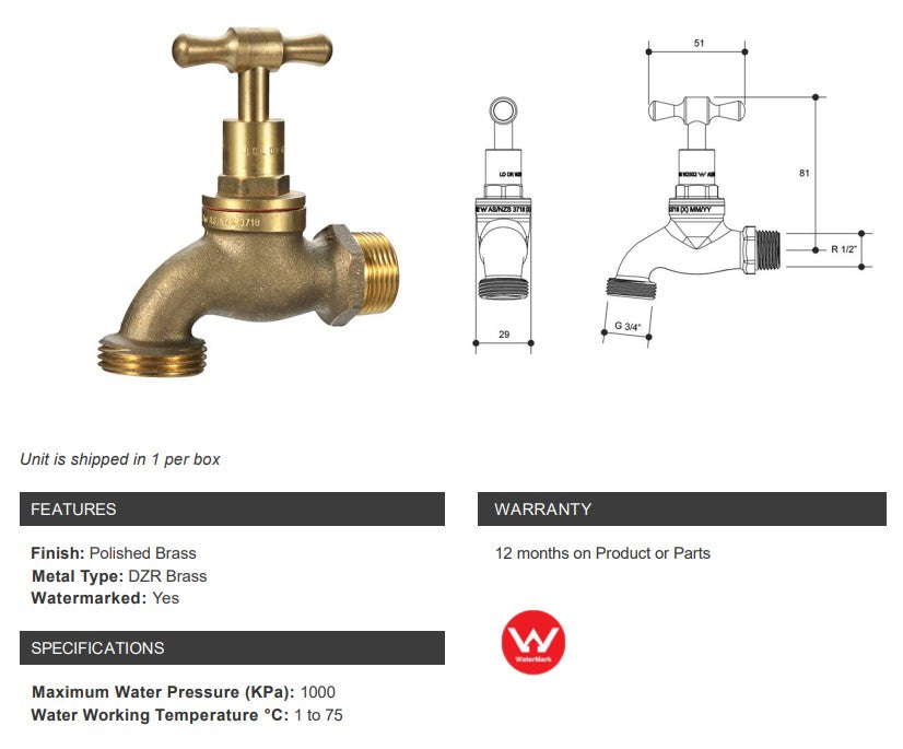 1/2" BSP (15mm) Hose Tap Standard MI Watermarked Polished Brass Finish