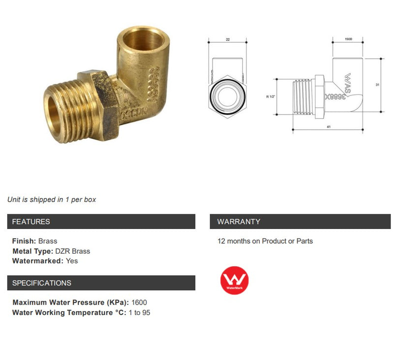 BRASS CAPILLARY ELBOW (NO 13) 15mm OD x 1/2" MALE BSP