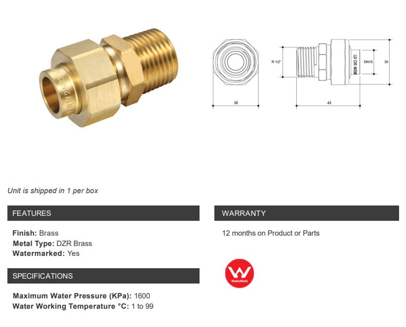 BRASS CAPILLARY BARREL UNION CU x 1/2" MALE BSP