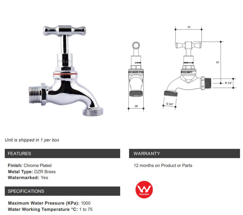 1/2" BSP (15mm) Hose Tap Standard MI Watermarked Chrome Plated