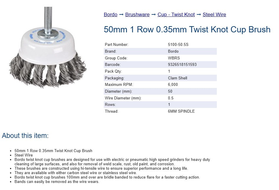50mm 1 Row 0.35mm Twist Knot Cup Brush - Steel Wire