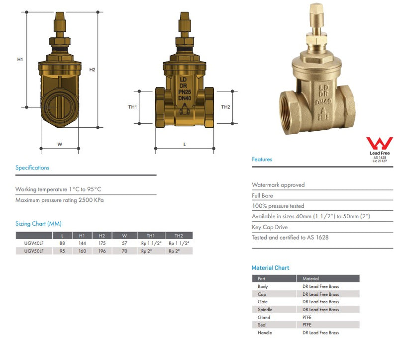 Gate Valve Brass Female Female Underground 1 1/2" BSP Watermarked With Key Cap
