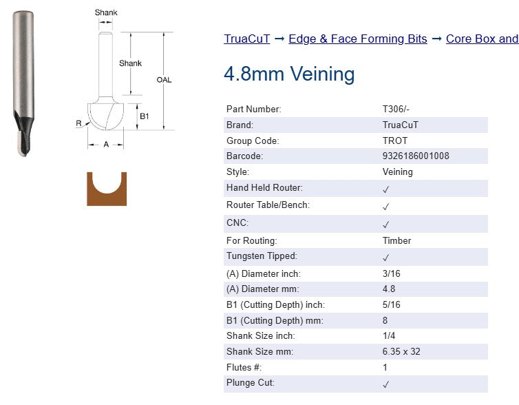 Edge & Face Forming Bit - Router Bits - 4.8mm Veining Bit - TruaCuT